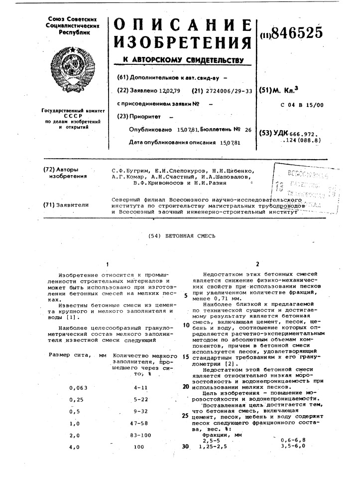 Бетонная смесь (патент 846525)
