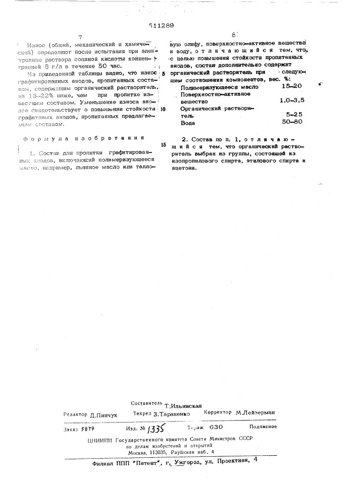 Состав для пропитки графитированных анодов (патент 511289)