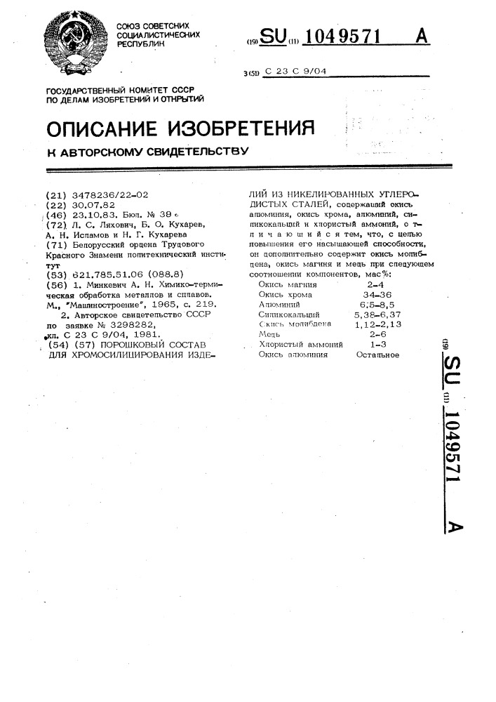 Порошкообразный состав для хромосилицирования изделий из никелированных углеродистых сталей (патент 1049571)