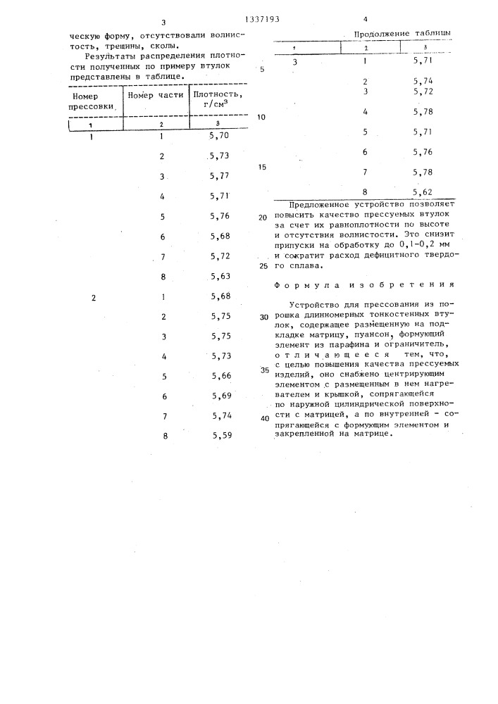 Устройство для прессования из порошка длинномерных тонкостенных втулок (патент 1337193)