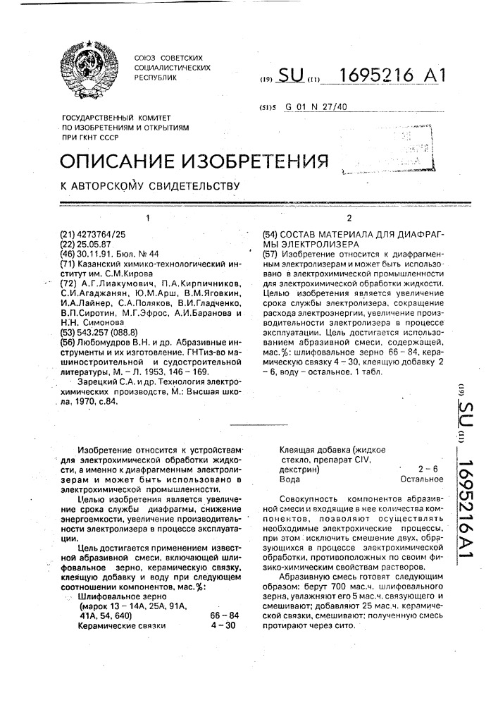 Состав материала для диафрагмы электролизера (патент 1695216)