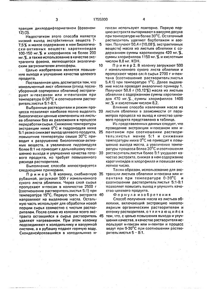 Способ получения масла из листьев облепихи (патент 1755800)