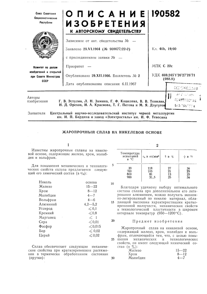 Жаропрочный сплав на никелевой основе (патент 190582)
