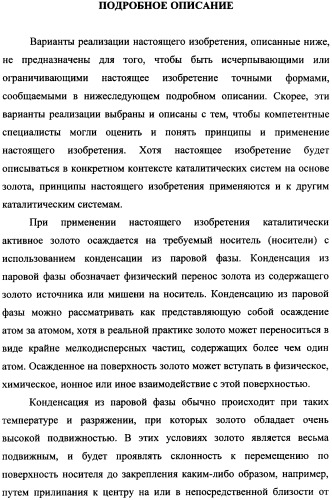 Наномерные золотые катализаторы, активаторы, твердые носители и соответствующие методики, применяемые для изготовления таких каталитических систем, особенно при осаждении золота на твердый носитель с использованием конденсации из паровой фазы (патент 2359754)