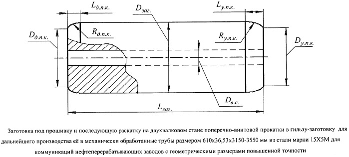 Заготовка под прошивку и последующую раскатку на двухвалковом стане поперечно-винтовой прокатки в гильзы-заготовки размером 650×500вн.×3250-3650 мм для передела их в механически обработанные трубы размером 610×36,53×3150-3550 мм из стали марки 15х5м для коммуникаций нефтеперерабатывающих заводов с геометрическими размерами повышенной точности (патент 2533612)