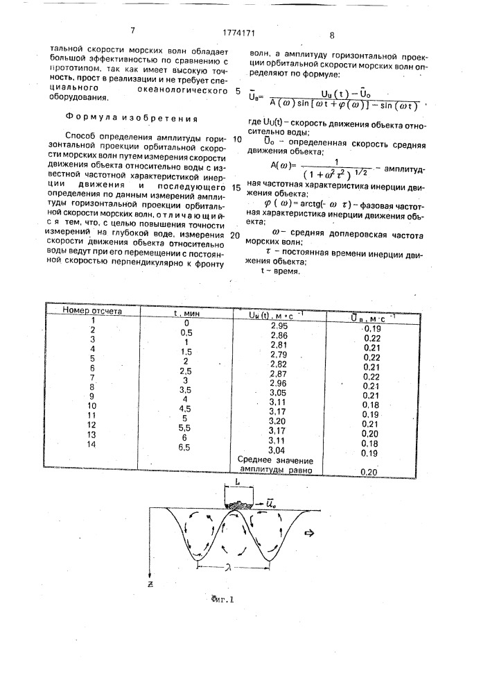 Способ определения амплитуды горизонтальной проекции орбитальной скорости морских волн (патент 1774171)