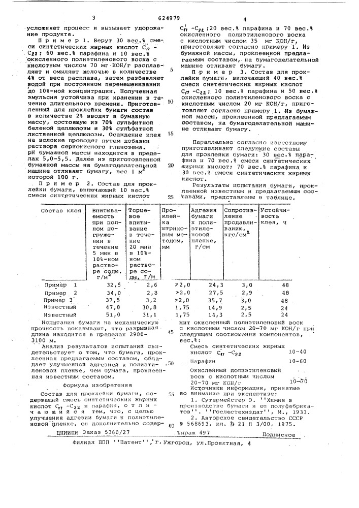 Состав для проклейки бумаги (патент 624979)