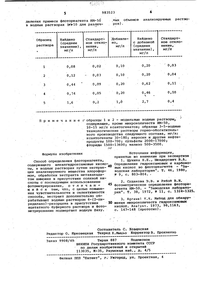Способ определения флотореагента,содержащего алкилгидроксамовые кислоты,в водных растворах (патент 983523)