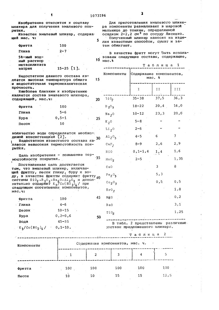 Эмалевый шликер (патент 1073196)