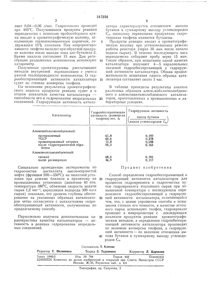 Способ определения гидрообессеривающей (патент 317254)