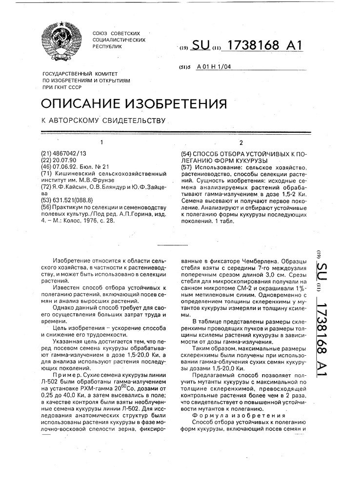 Способ отбора устойчивых к полеганию форм кукурузы (патент 1738168)