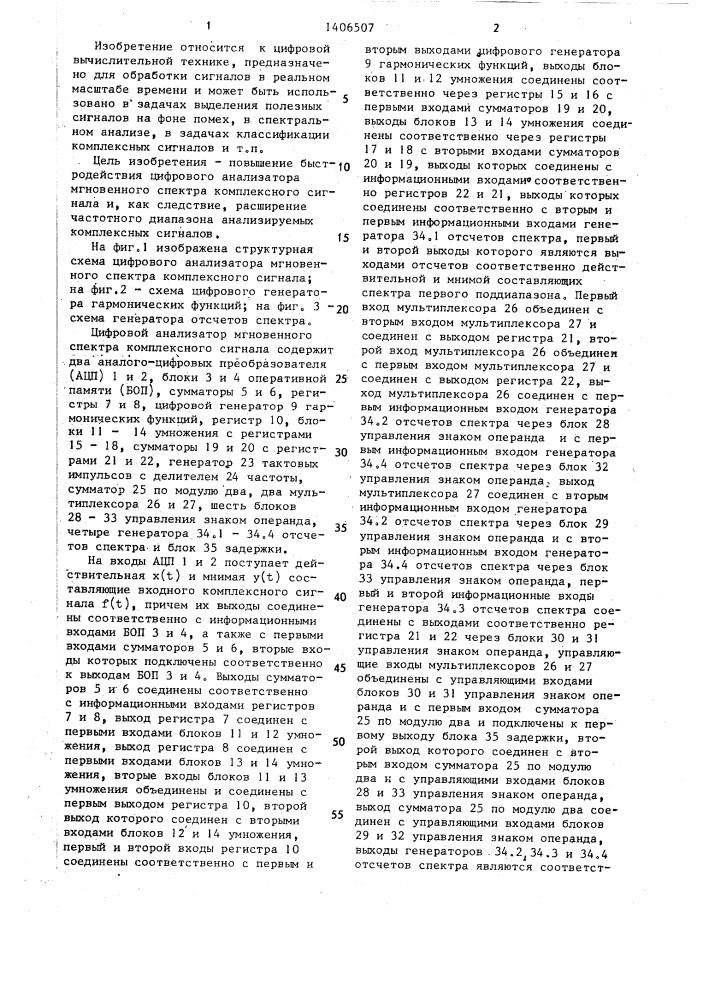 Цифровой анализатор мгновенного спектра комплексного сигнала (патент 1406507)