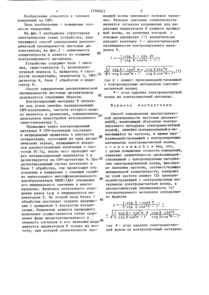 Способ определения диэлектрической проницаемости листовых диэлектриков (патент 1296963)