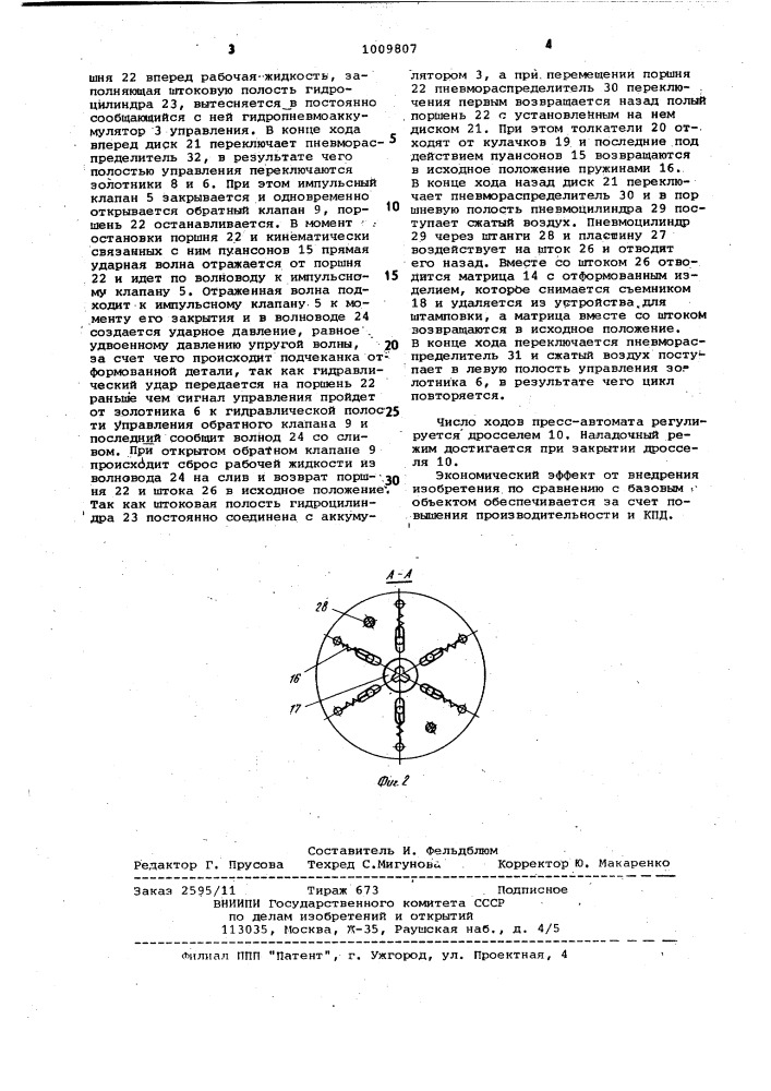 Гидравлический импульсный пресс-автомат (патент 1009807)