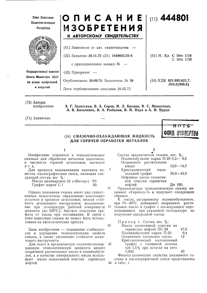 Смазочно-охлаждающая жидкость для горячей обработки металлов (патент 444801)