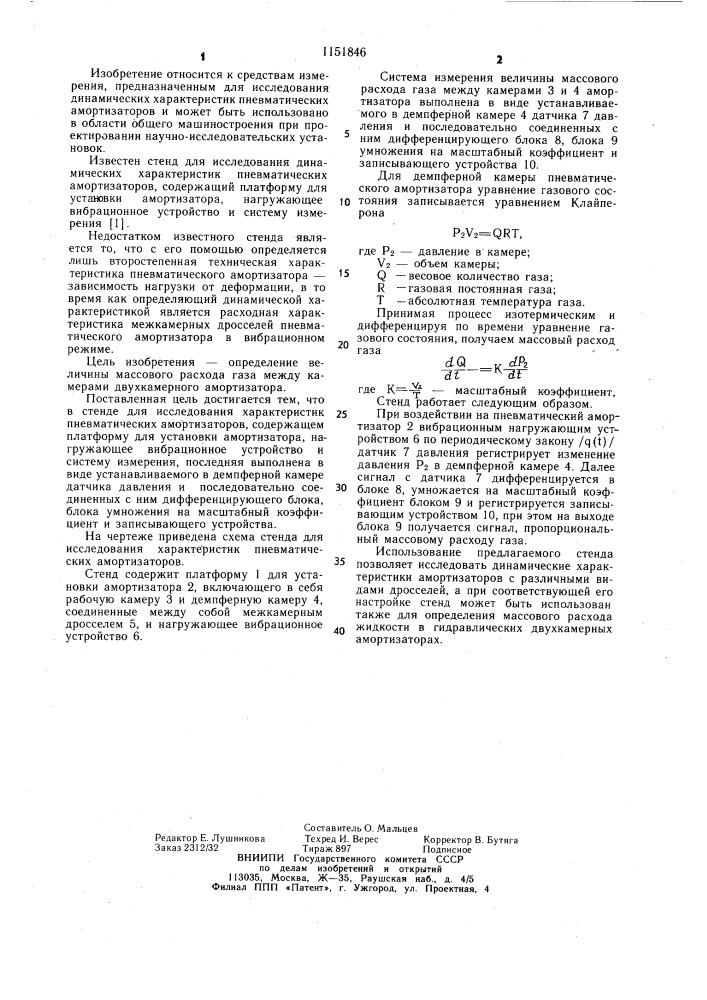 Стенд для исследования характеристик пневматических амортизаторов (патент 1151846)