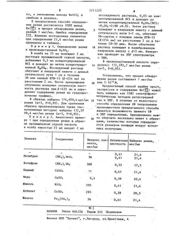 Способ определения рения в сернокислом растворе,содержащем рений уп. (патент 1211220)