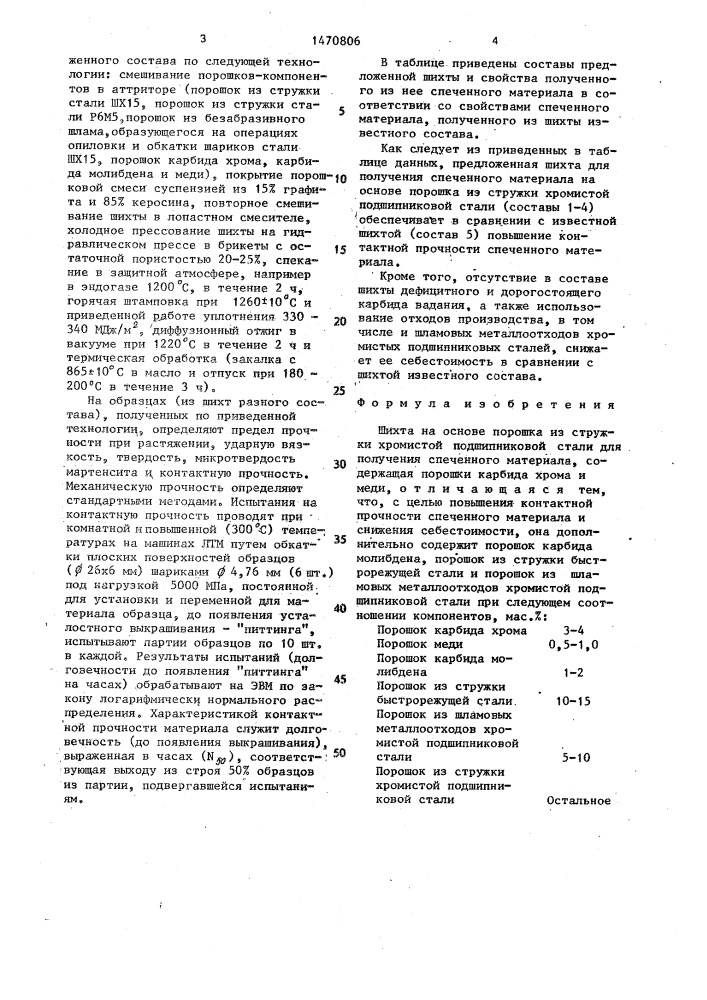 Шихта на основе порошка из стружки хромистой подшипниковой стали для получения спеченного материала (патент 1470806)