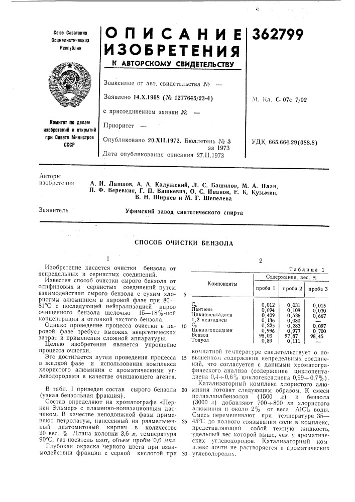 Способ очистки бензола (патент 362799)
