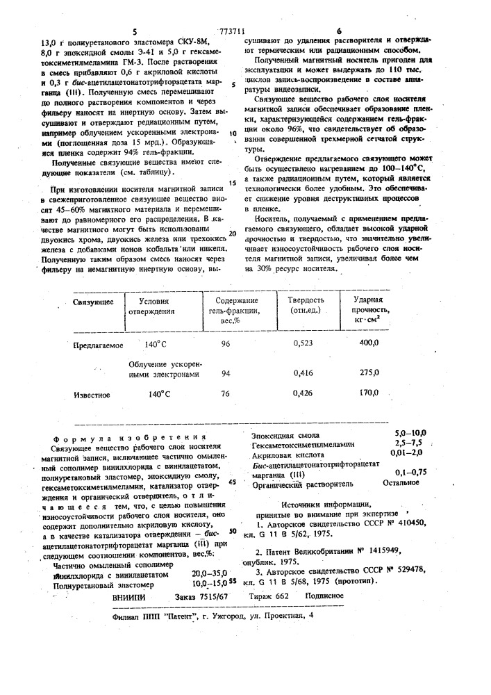 Связующее вещество рабочего слоя носителя магнитной записи (патент 773711)