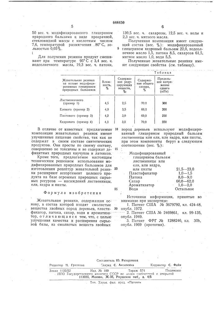 Жевательная резинка (патент 644450)