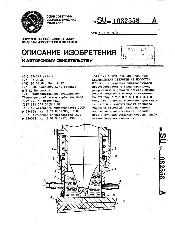 Устройство для удаления керамических стержней из полостей отливок (патент 1082558)