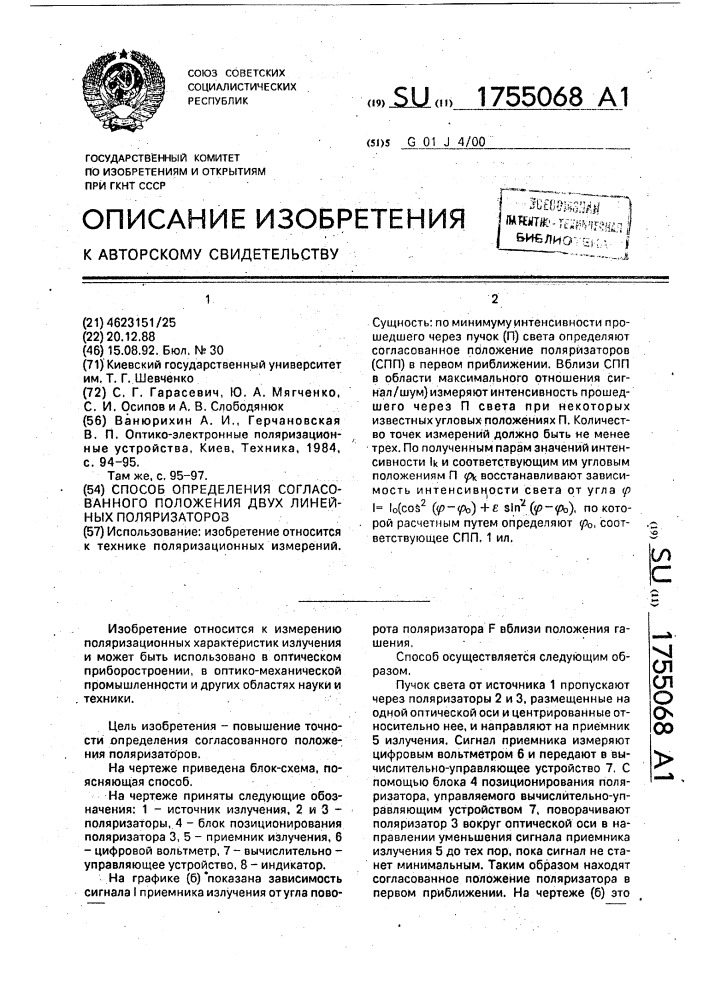 Способ определения согласованного положения двух линейных поляризаторов (патент 1755068)