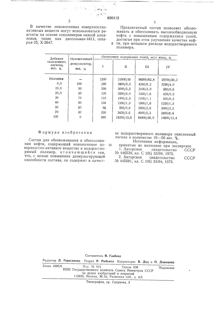 Состав для обезвоживания и обессоливания нефти (патент 626112)