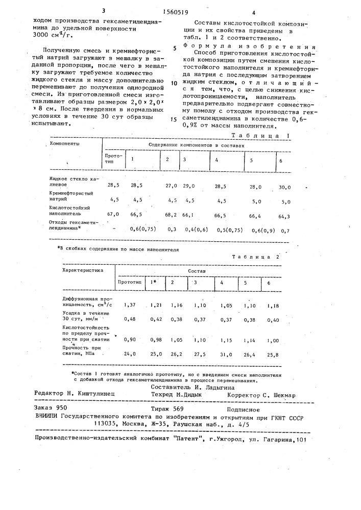 Способ приготовления кислотостойкой композиции (патент 1560519)