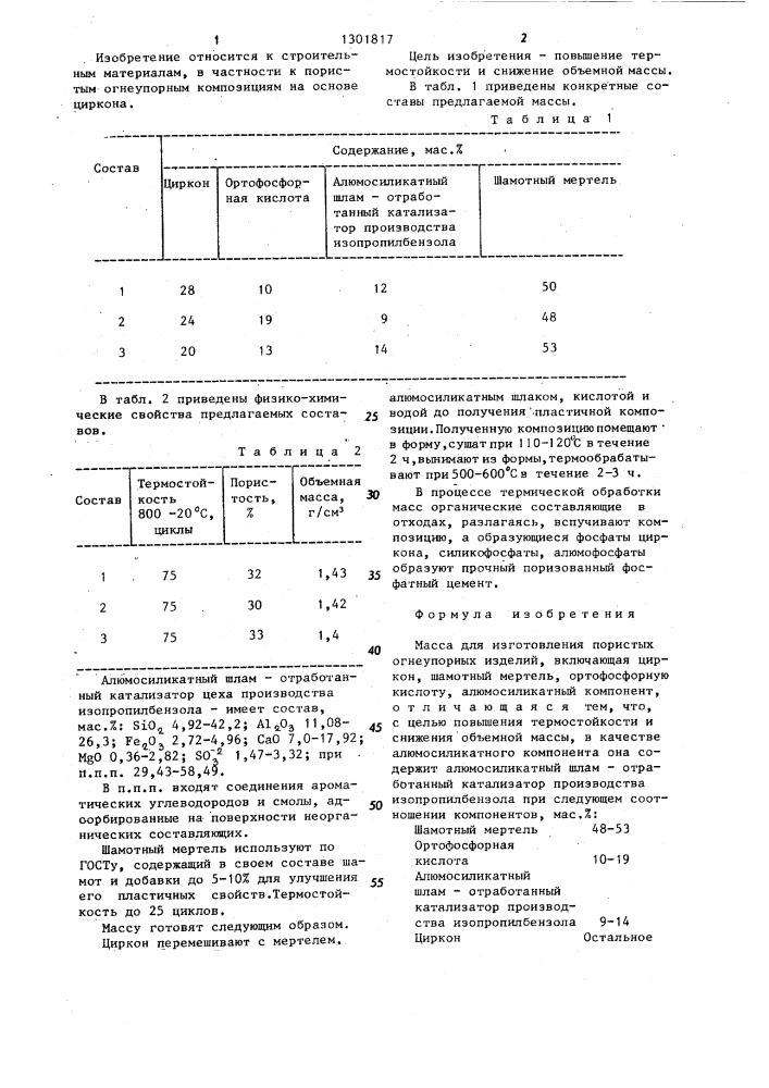 Масса для изготовления пористых огнеупорных изделий (патент 1301817)