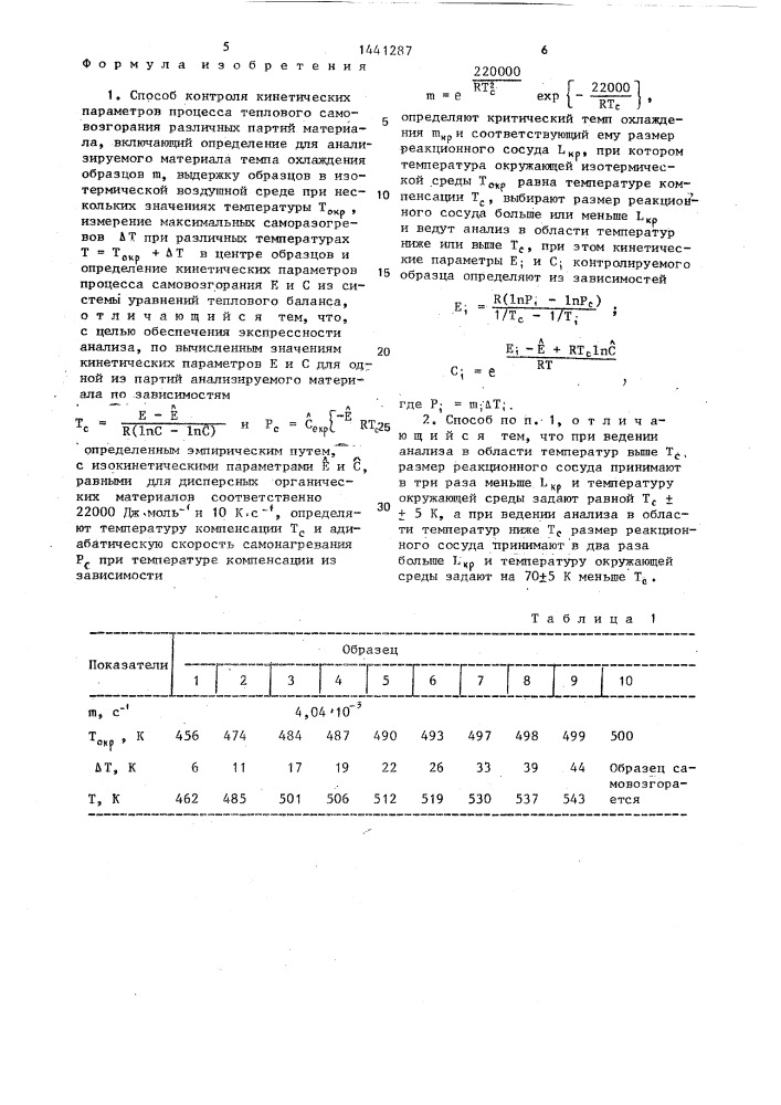 Способ контроля кинетических параметров процесса теплового самовозгорания различных партий материала (патент 1441287)