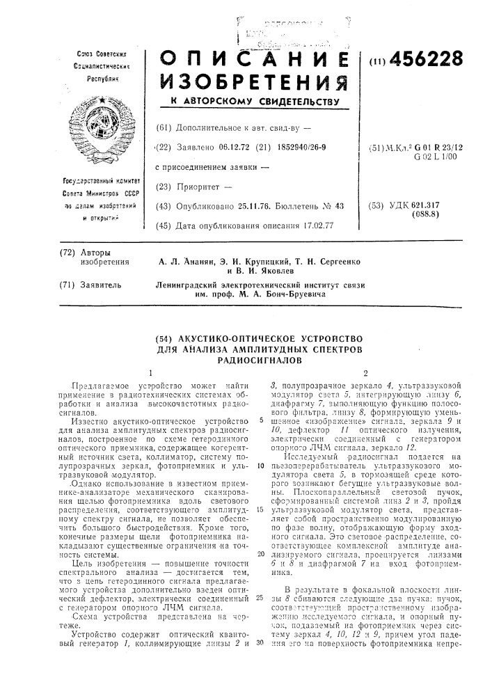 Акусто-оптическое устройство для анализа амплитудных спектров радиосигналов (патент 456228)