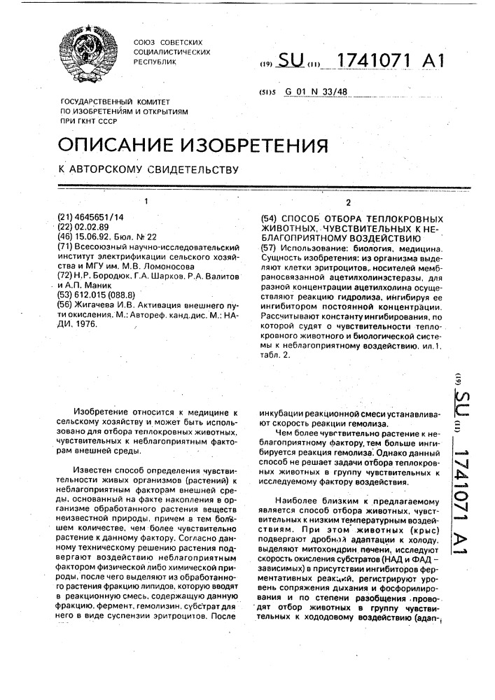 Способ отбора теплокровных животных, чувствительных к неблагоприятному воздействию (патент 1741071)