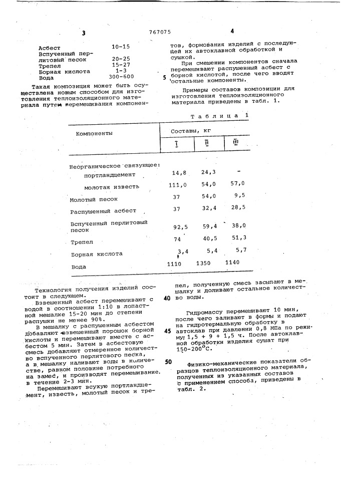 Композиция для изготовления теплоизоляционного материала и способ его изготовления (патент 767075)