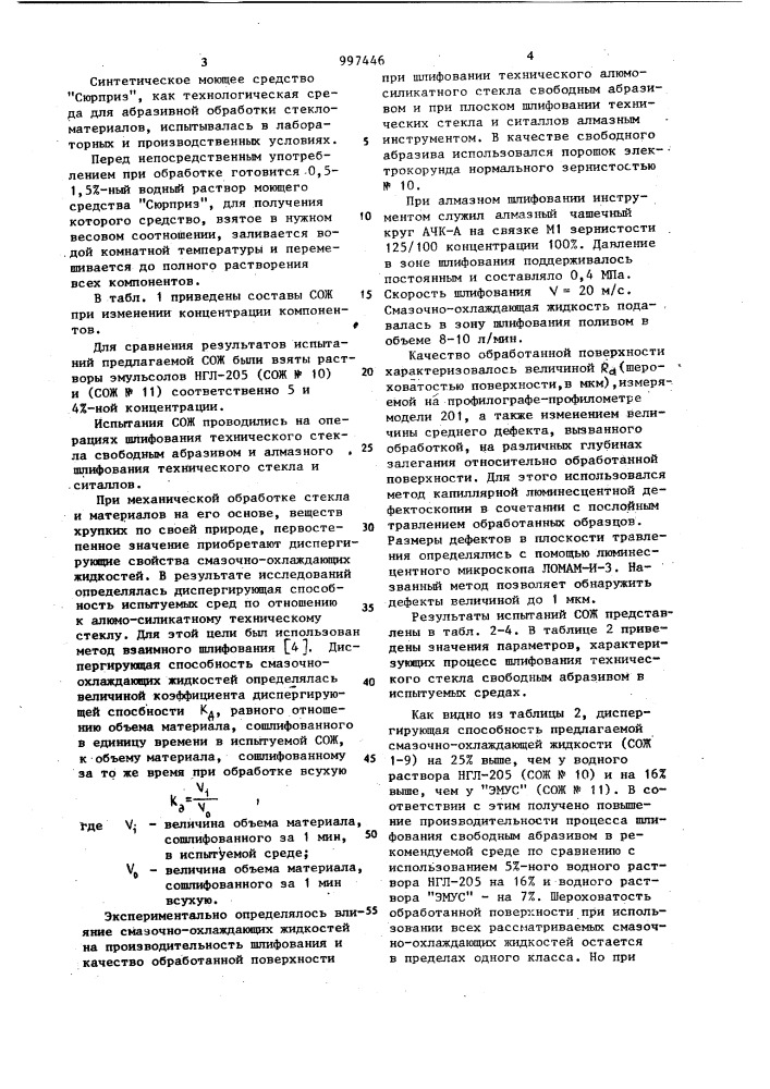 Смазочно-охлаждающая жидкость для абразивной обработки материалов на основе стекла (патент 997446)