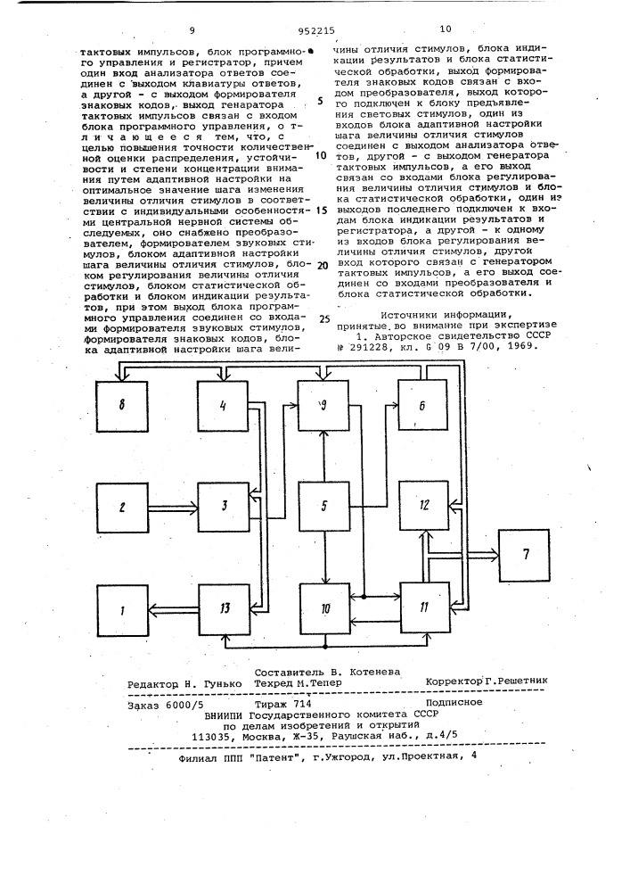 Устройство для исследования внимания (патент 952215)