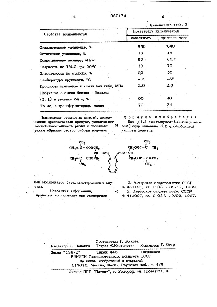 Бис/(1,3-диметакрилат)-2-глицериновый/ эфир хинолин- @ , @ - дикарбоновой кислоты как модификатор бутадиенстирольного каучука (патент 960174)