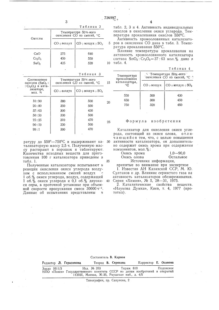 Катализатор для окисления окиси углерода (патент 736997)