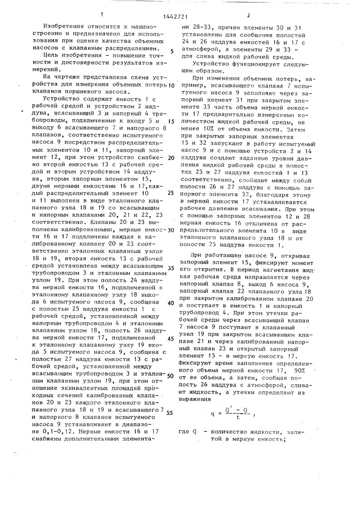 Устройство для измерения объемных потерь клапанов поршневого насоса (патент 1442721)