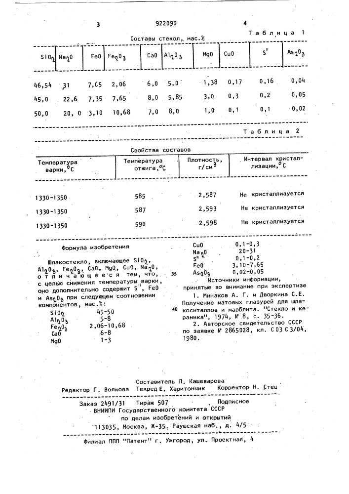 Шлакостекло (патент 922090)