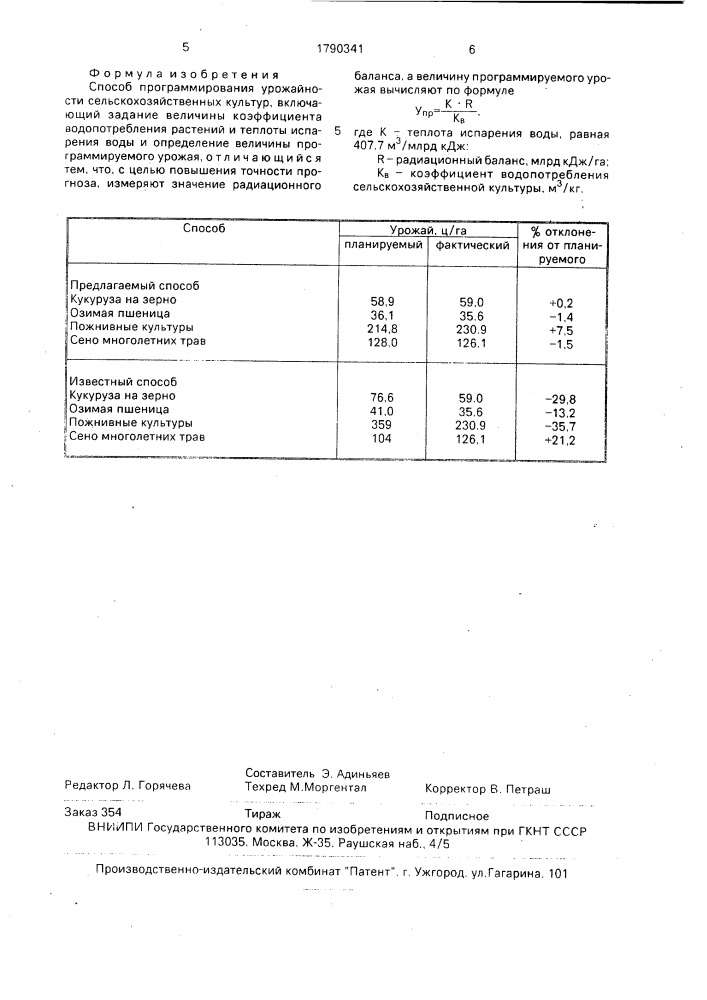 Способ программирования урожайности сельскохозяйственных культур (патент 1790341)