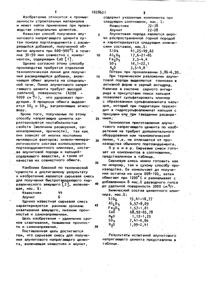 Сырьевая смесь для получения алунитового напрягающего цемента (патент 1028621)