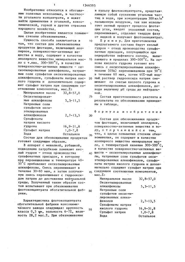 Состав для обезвоживания продуктов флотации (патент 1346595)