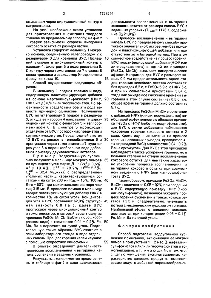 Способ подготовки водоугольной суспензии к сжиганию (патент 1728291)