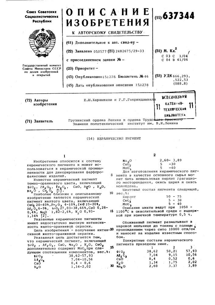 Керамический пигмент (патент 637344)