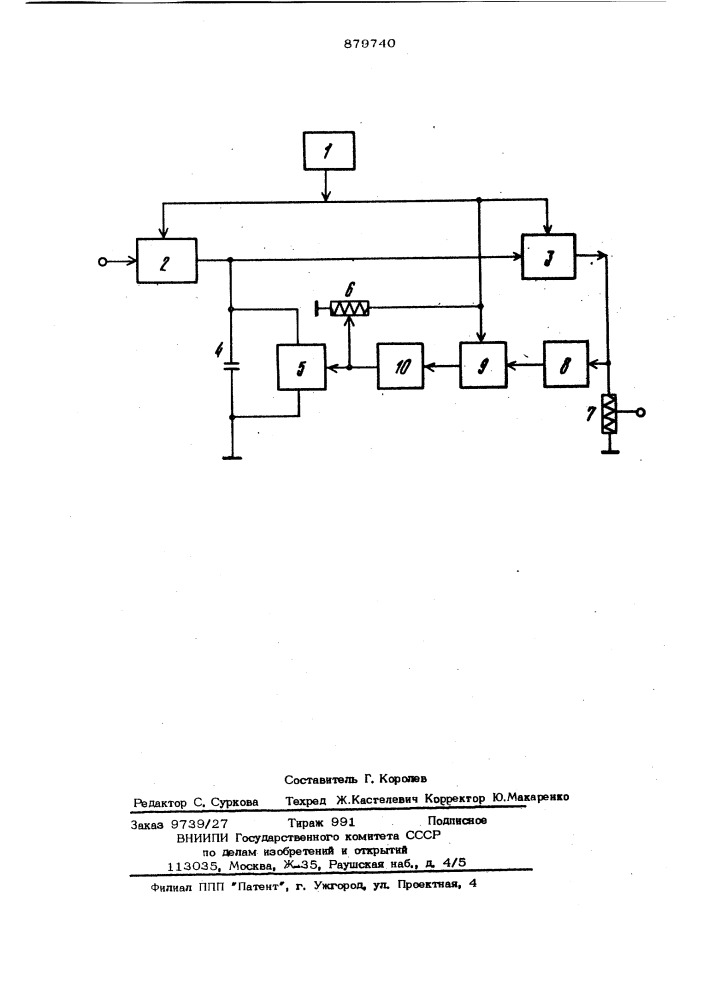 Формирователь управляющего напряжения, например, для устройств временной автоматической регулировки усиления (патент 879740)