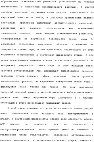 Пластмассовая тара, покрытая алмазоподобной углеродной пленкой, устройство для изготовления такой тары и способ изготовления такой тары (патент 2336365)