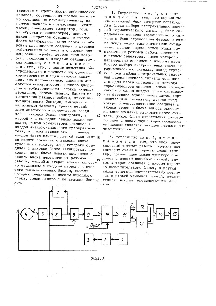 Устройство для определения амплитудных и фазовых частотных характеристик и идентичности сейсмических каналов (патент 1327030)