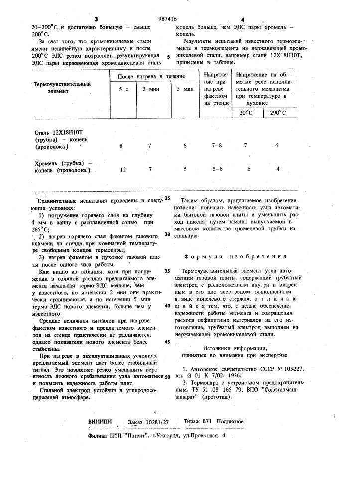 Термочувствительный элемент узла автоматики газовой плиты (патент 987416)