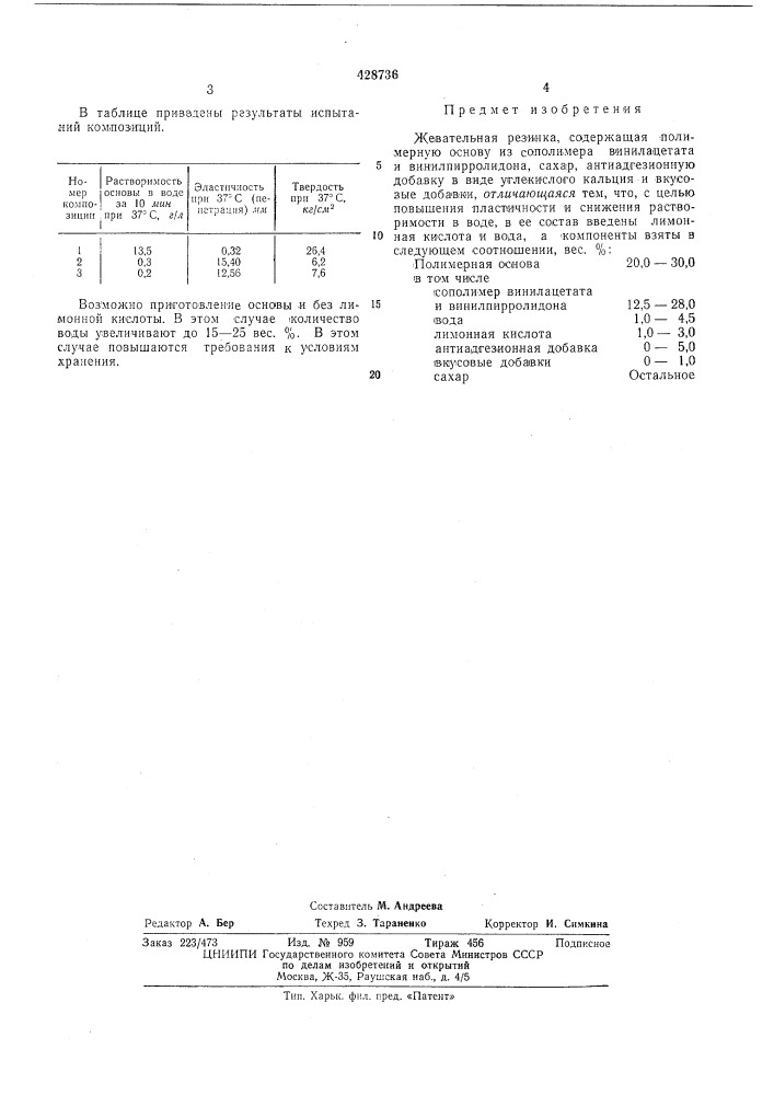 Жевательная резинка (патент 428736)
